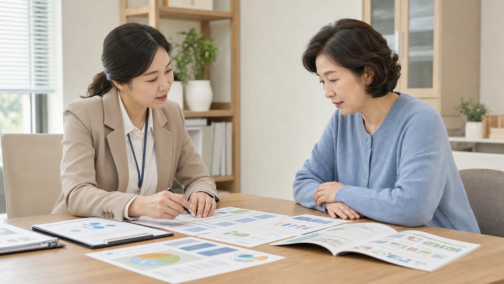 여러 안내 자료를 테이블에 펼쳐놓고 상담원과 비교 상담하는 보호자